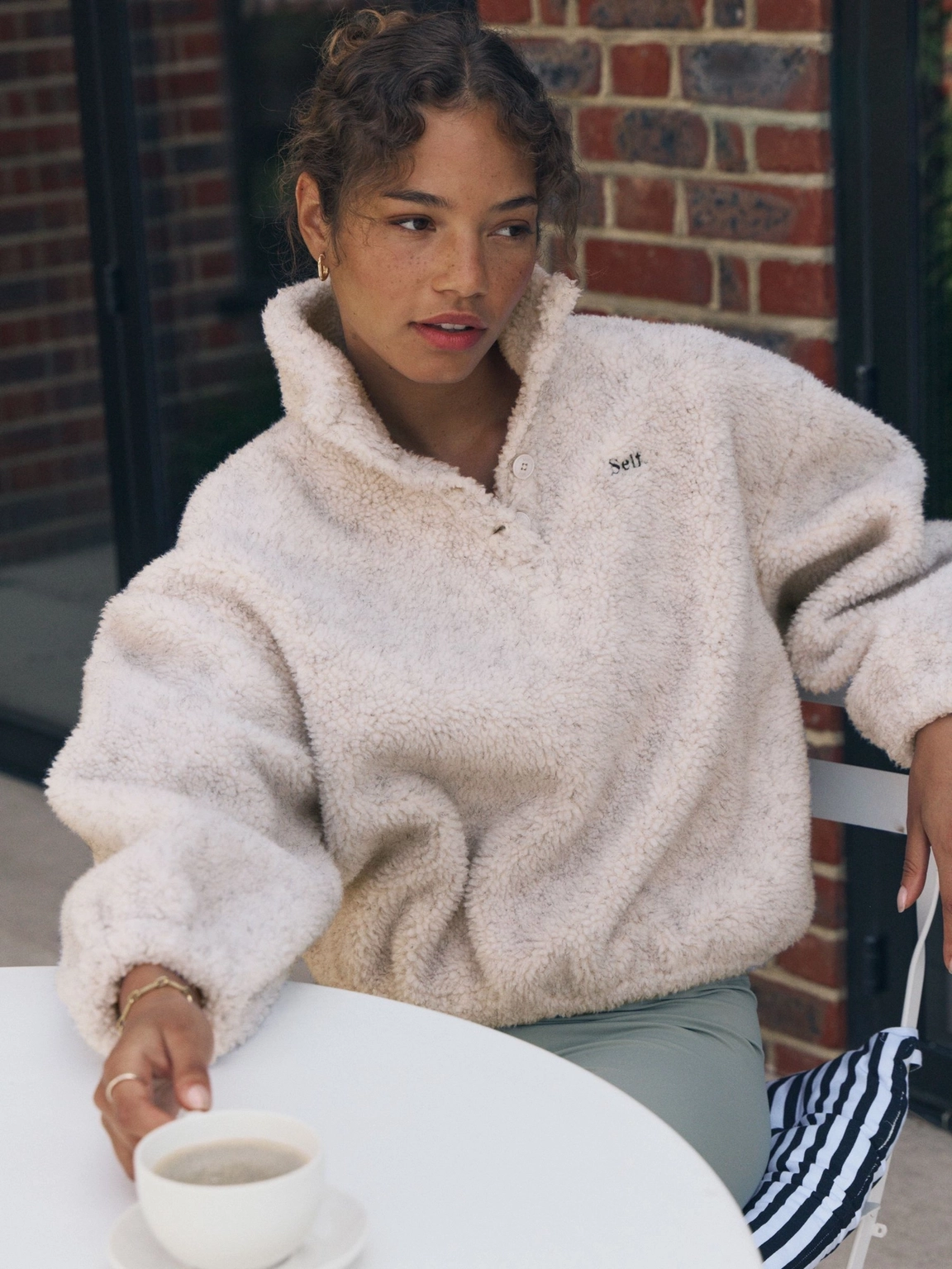 Self. Oatmeal Buttons Neck Jumper